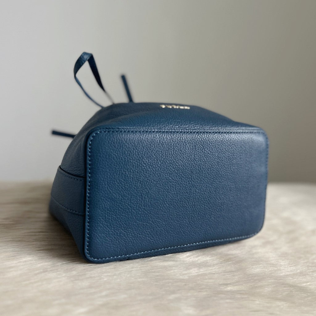 Furla Blue Leather Drawstring Bucket 2 Way Shoulder Bag Excellent