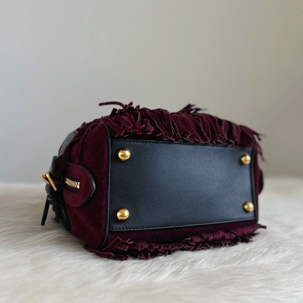 Burberry Bordeaux Suede Fringe Chain Detail Shoulder Bag