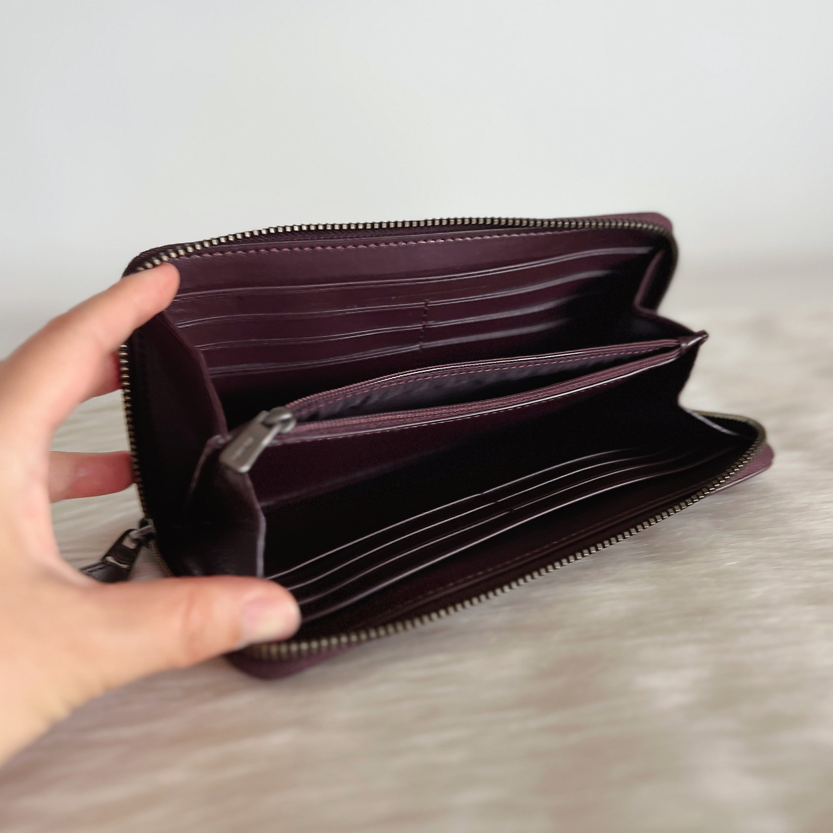 Coach Burgundy Leather Check Pattern Long Wallet Like New