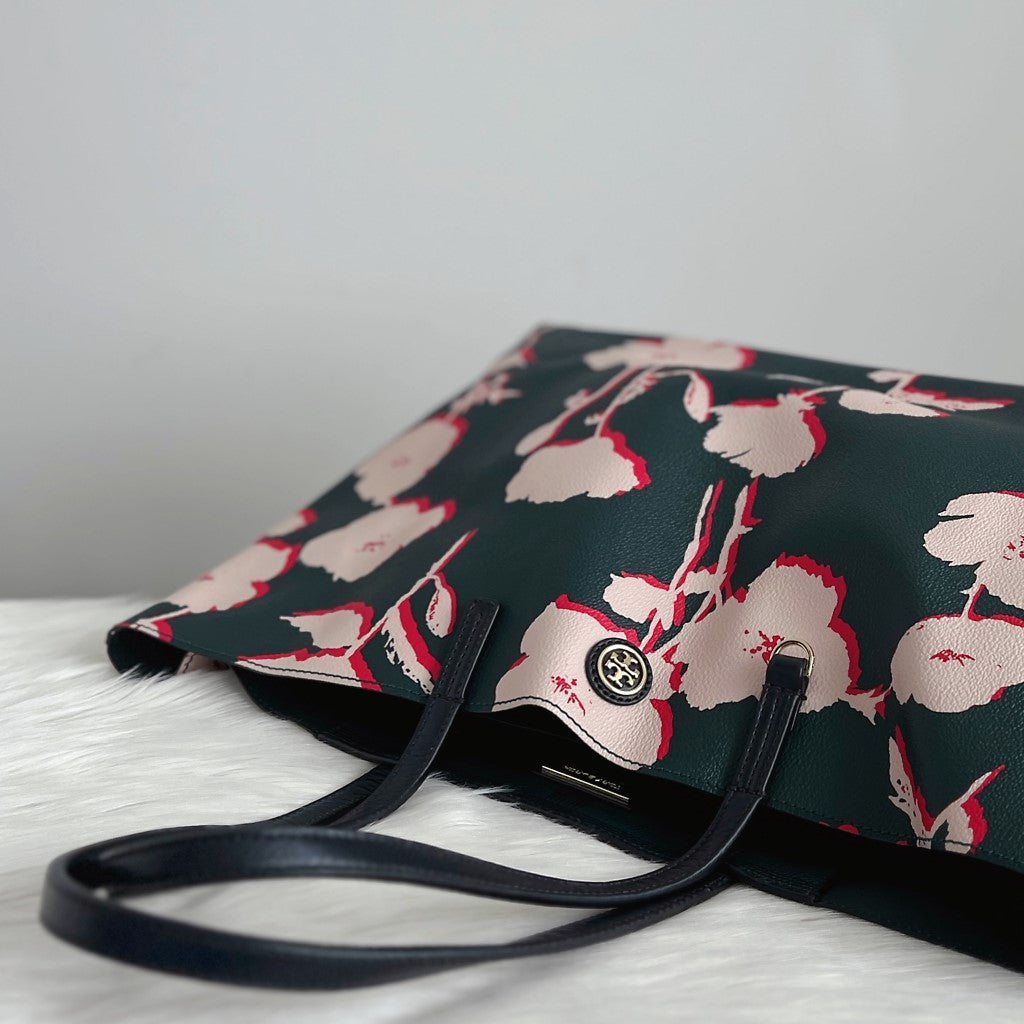 Tory Burch Floral Print Leather Large Carryall Shoulder Bag Excellent