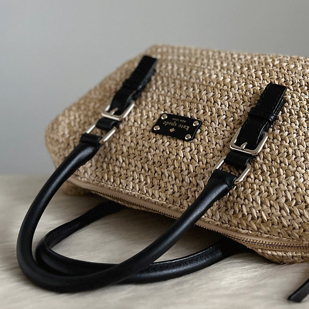 Kate Spade Black Leather Straw Boston 2 Way Shoulder Bag Excellent