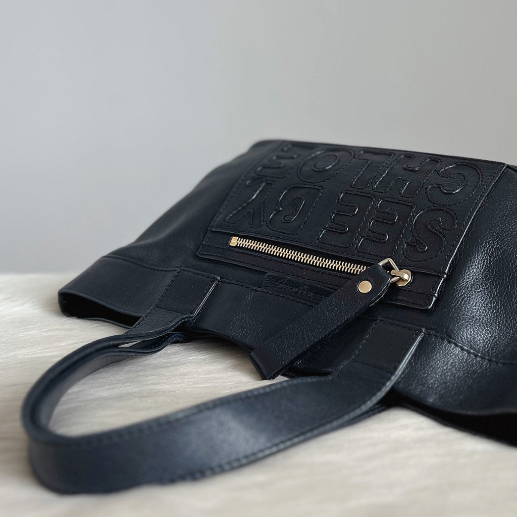 See by Chloe Black Leather Embossed Logo Detail Tote Bag Excellent