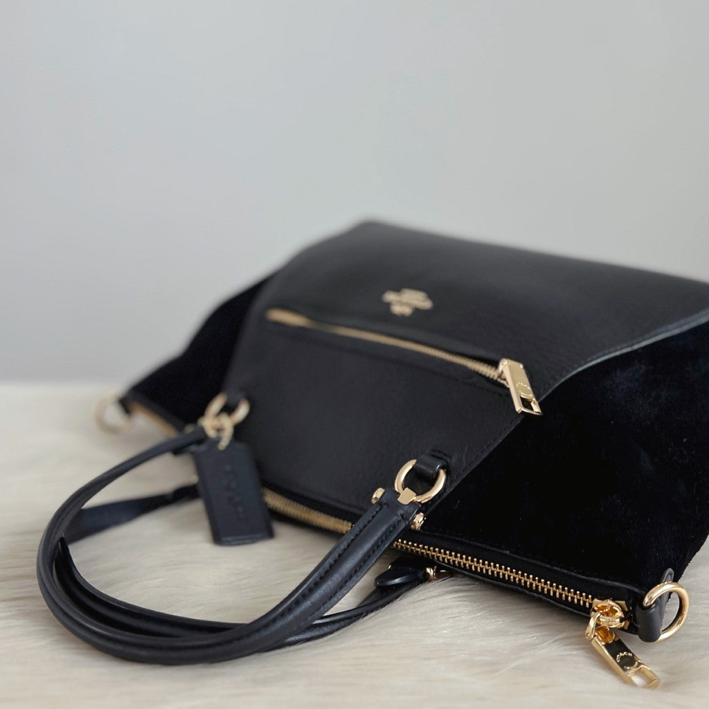 Coach Black Leather Suede Patchwork Career 2 Way Shoulder Bag Excellent