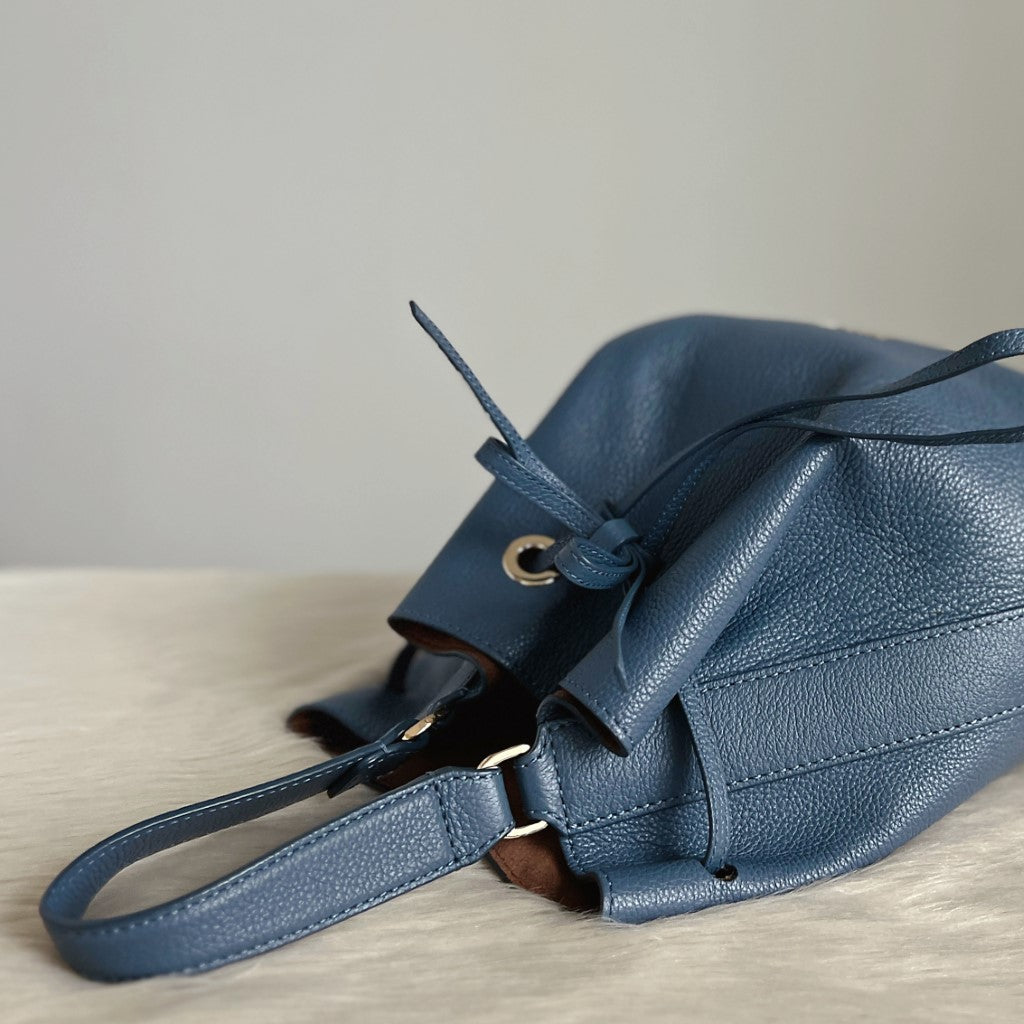 Furla Blue Leather Drawstring Bucket 2 Way Shoulder Bag Excellent