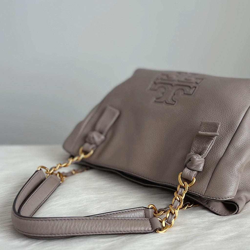 Tory Burch Taupe Leather Triple Compartment 2 Way Shoulder Bag Like New