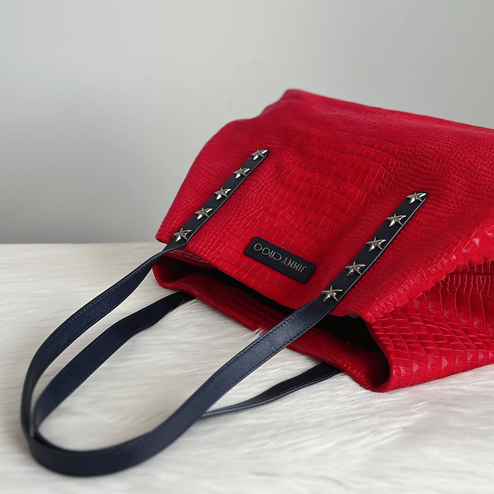 Jimmy Choo Two Tone Leather Suede Studded Carryall Shoulder Bag Excellent