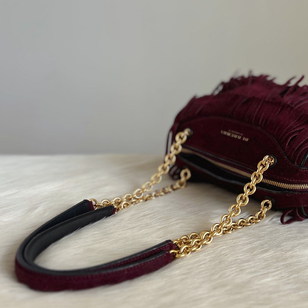 Burberry Bordeaux Suede Fringe Chain Detail Shoulder Bag