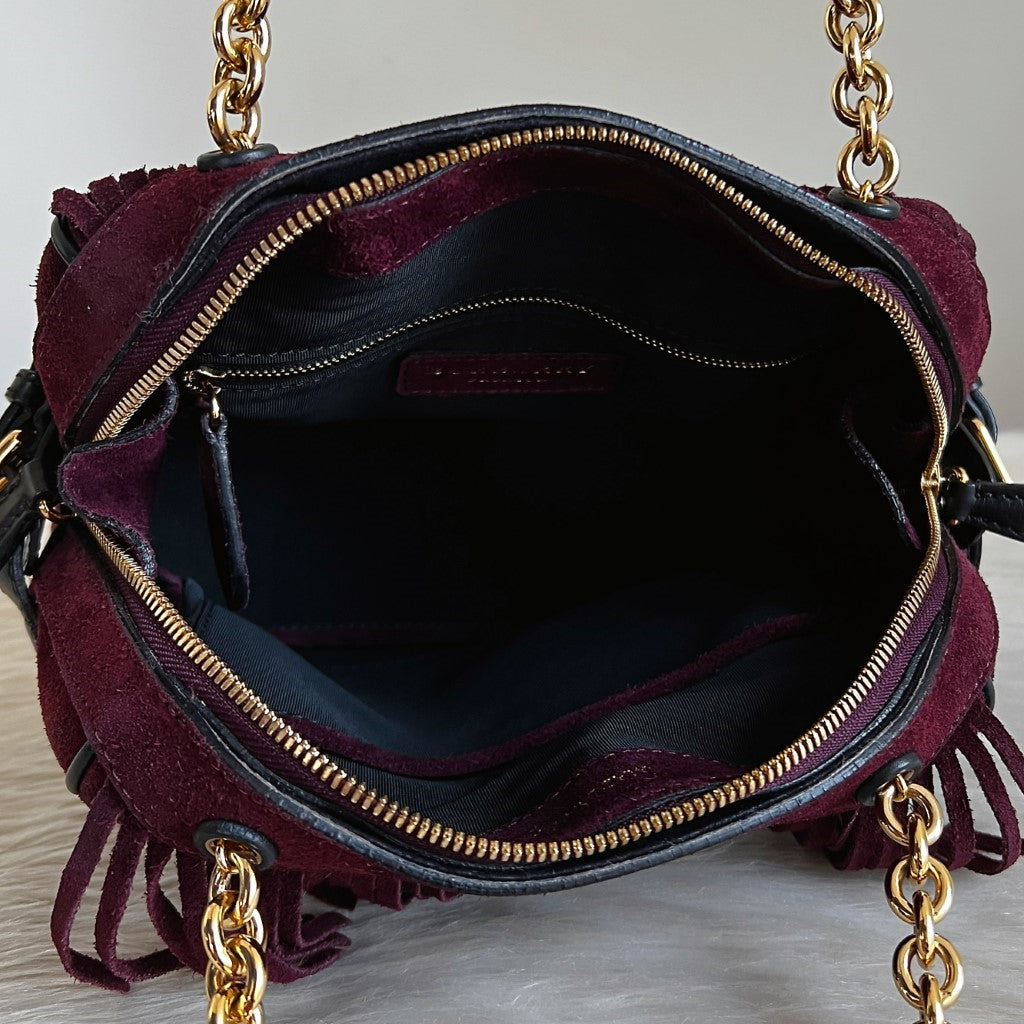 Burberry Bordeaux Suede Fringe Chain Detail Shoulder Bag