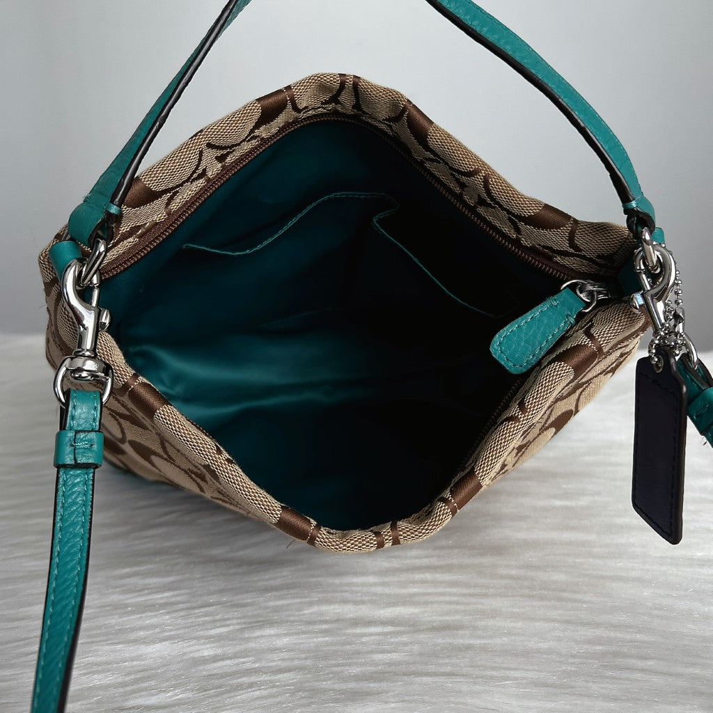 Coach Teal Leather Front Logo Monogram 2 Way Shoulder Bag Excellent