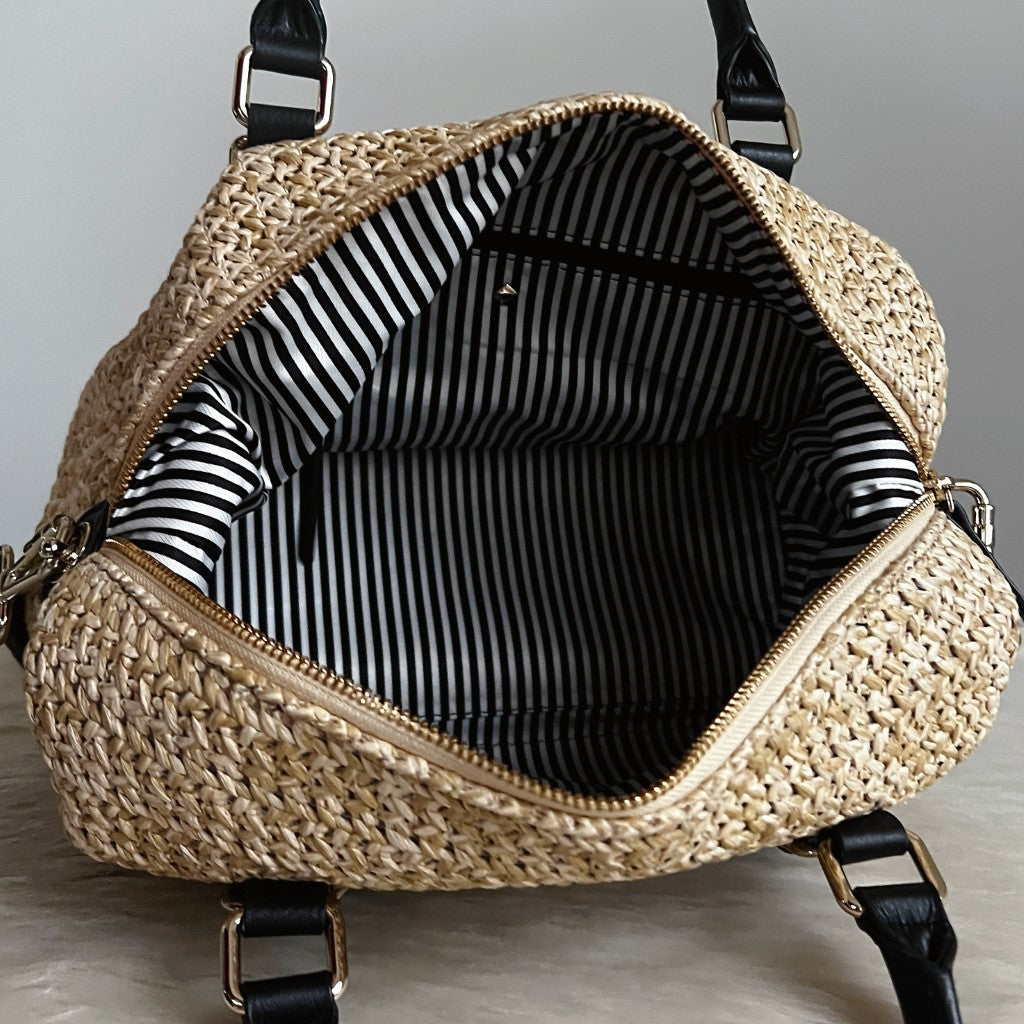Kate Spade Black Leather Straw Boston 2 Way Shoulder Bag Excellent