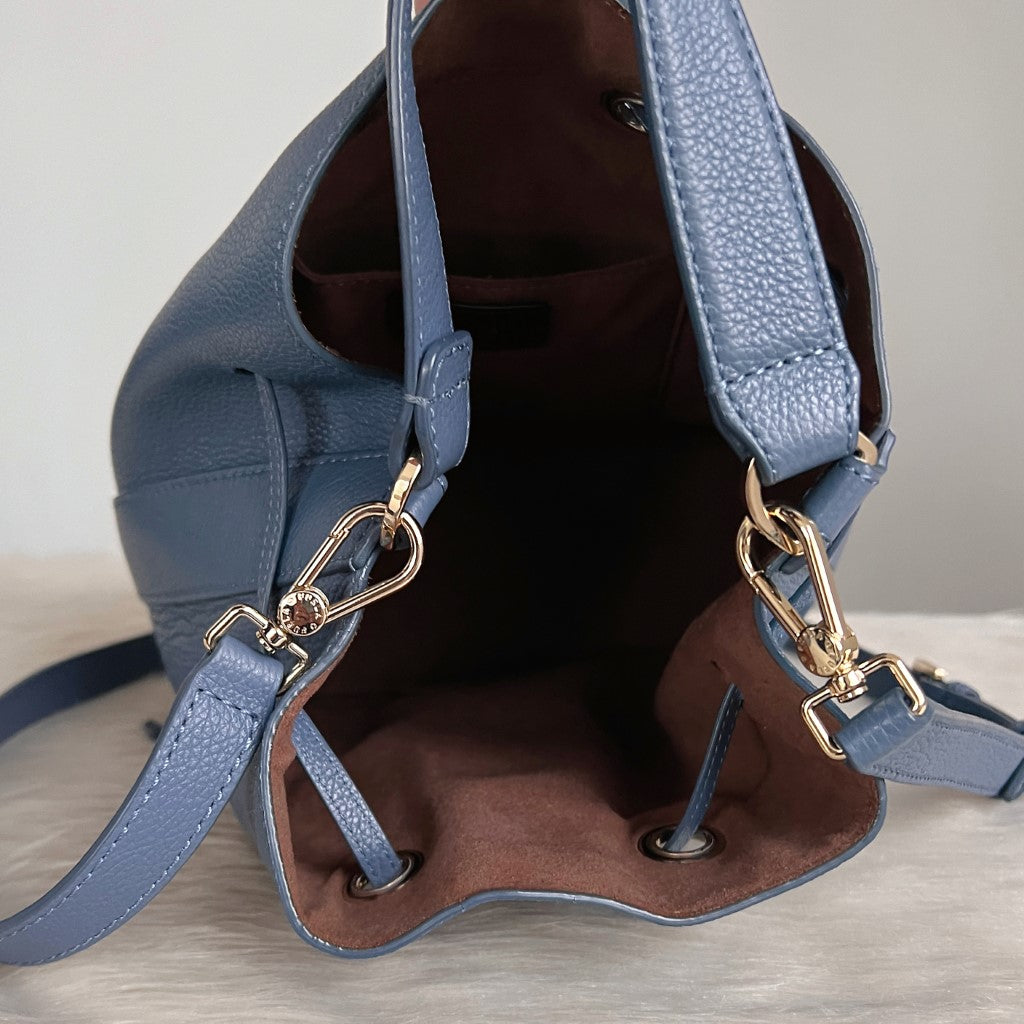 Furla Blue Leather Drawstring Bucket 2 Way Shoulder Bag Excellent