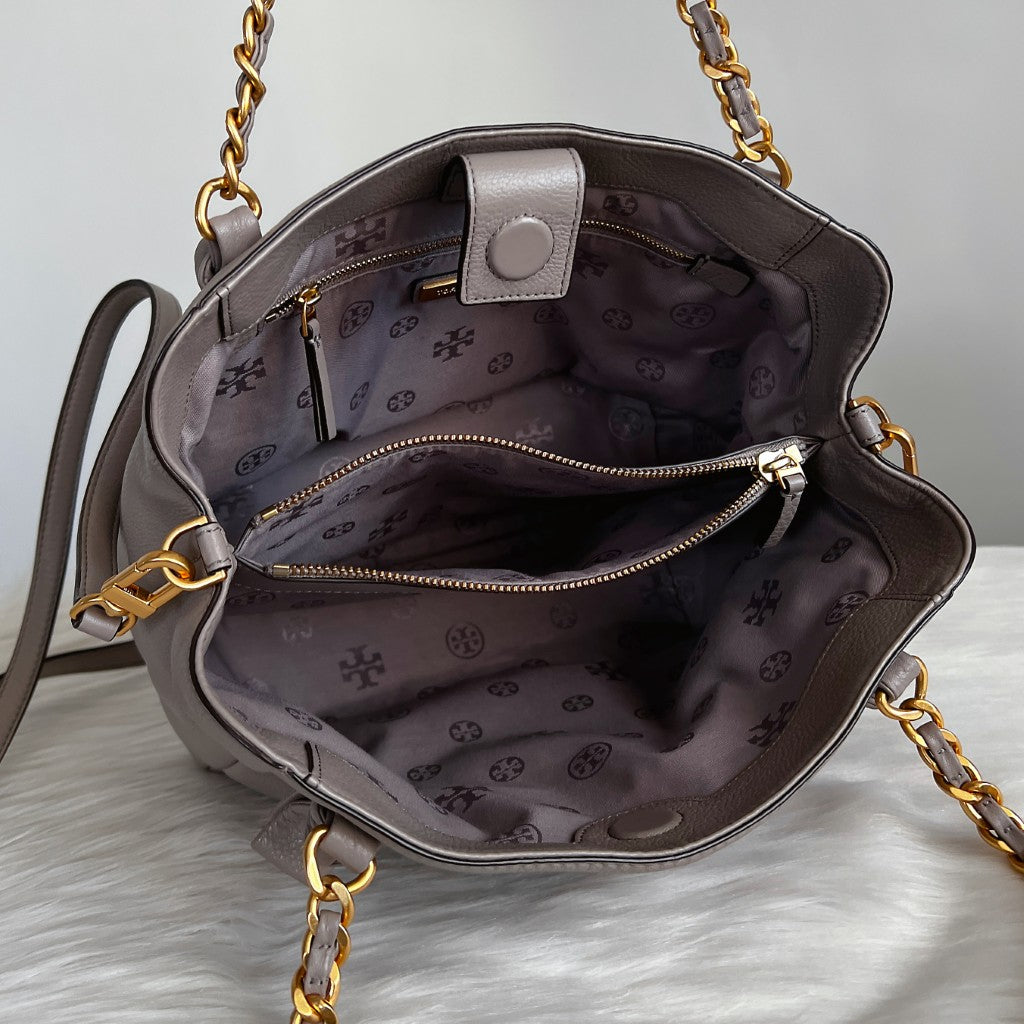 Tory Burch Taupe Leather Triple Compartment 2 Way Shoulder Bag Like New
