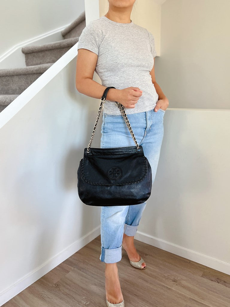Tory Burch Black Leather Chain Detail 2 Way Shoulder Bag Like New