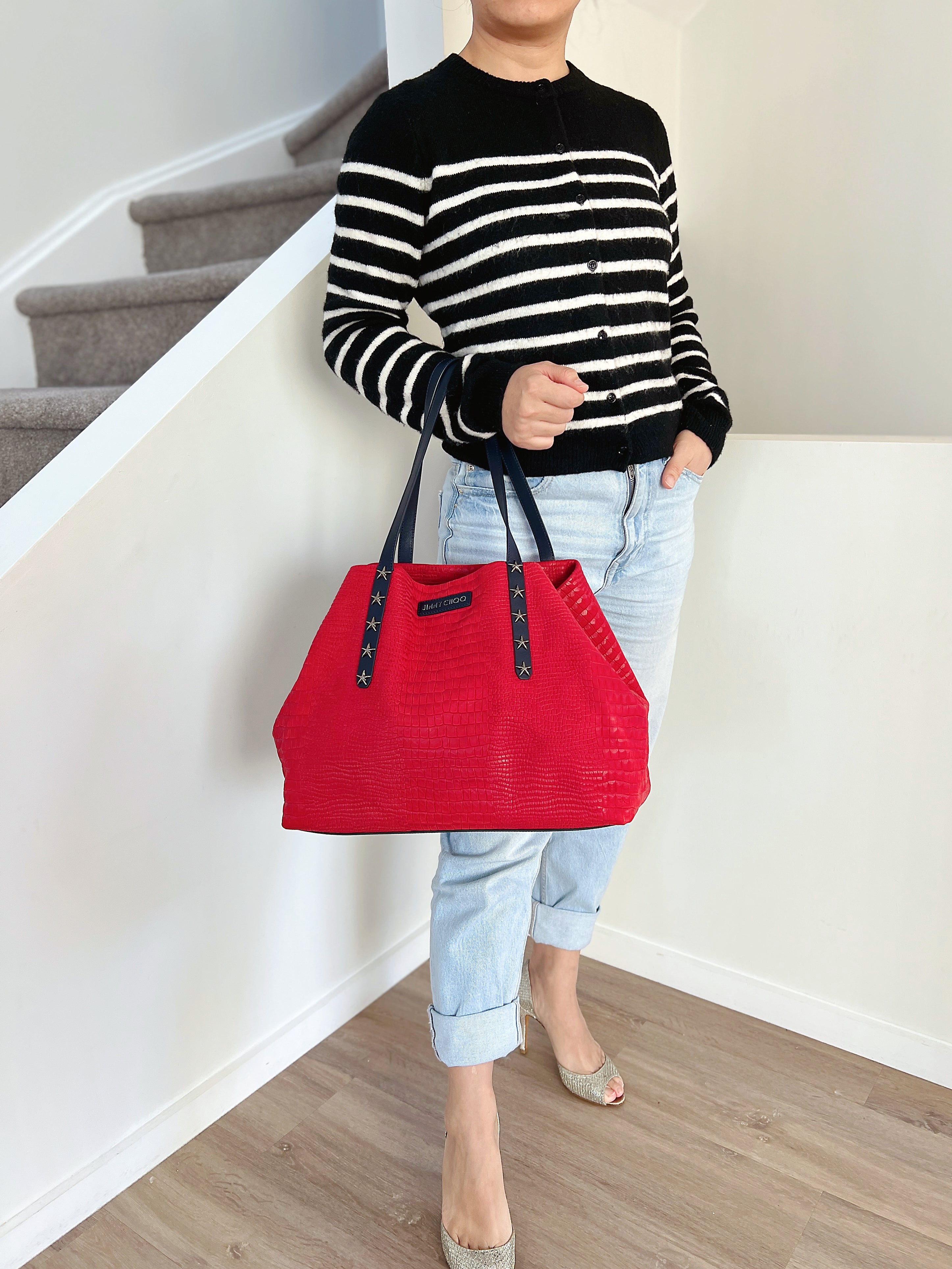 Jimmy Choo Two Tone Leather Suede Studded Carryall Shoulder Bag Excellent