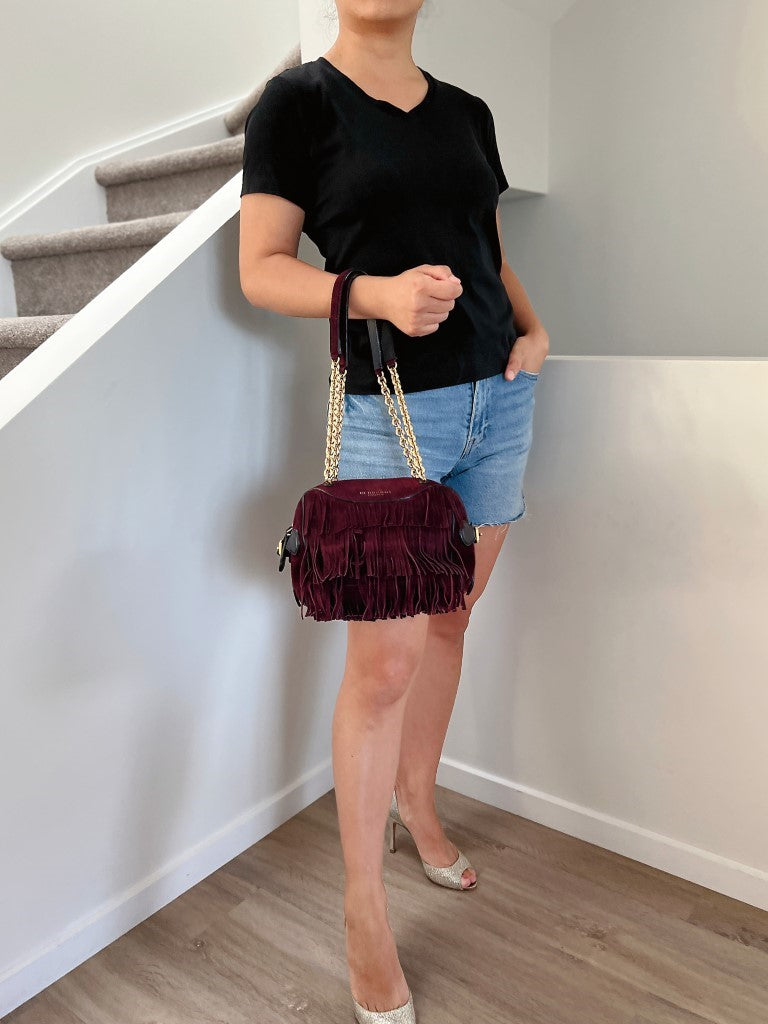 Burberry Bordeaux Suede Fringe Chain Detail Shoulder Bag
