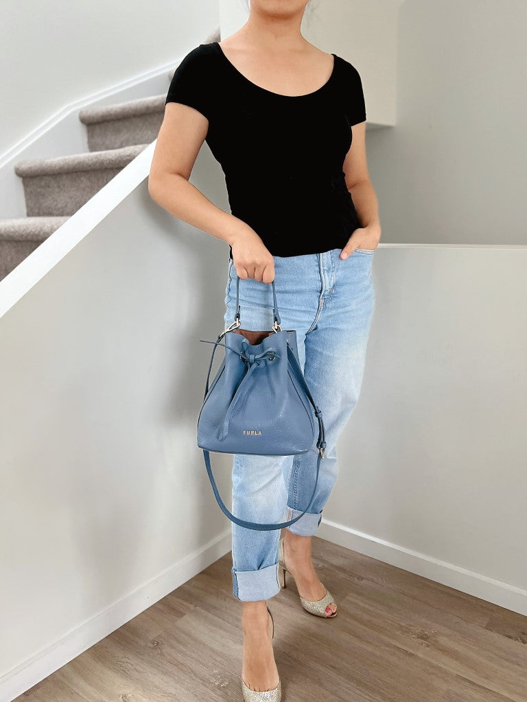 Furla Blue Leather Drawstring Bucket 2 Way Shoulder Bag Excellent