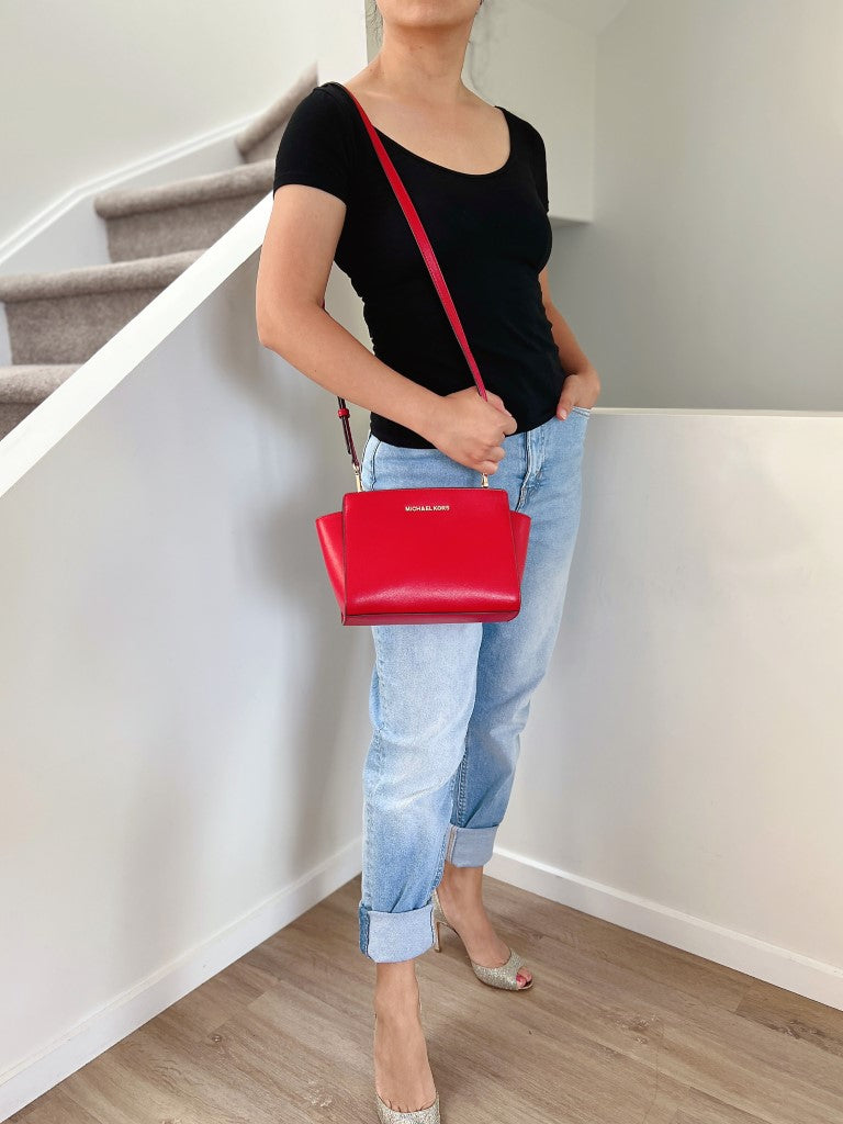 Michael Kors Red Leather Selma Crossbody Shoulder Bag Like New