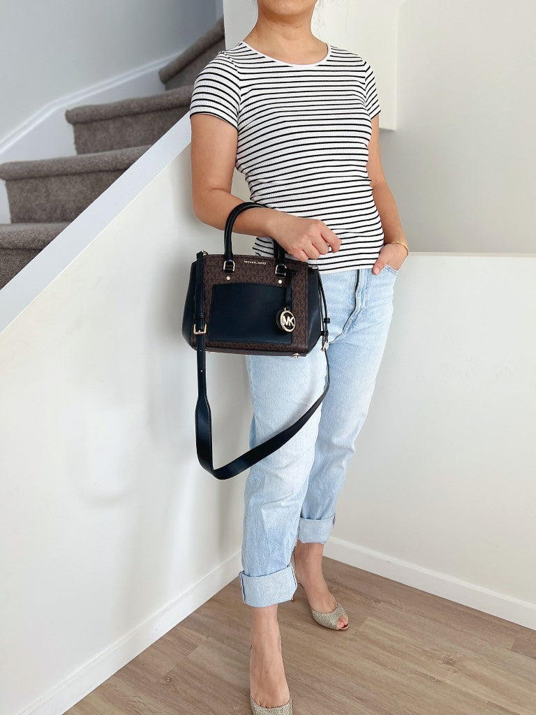 Michael Kors Black Leather Monogram Triple Compartment 2 Way Shoulder Bag Excellent