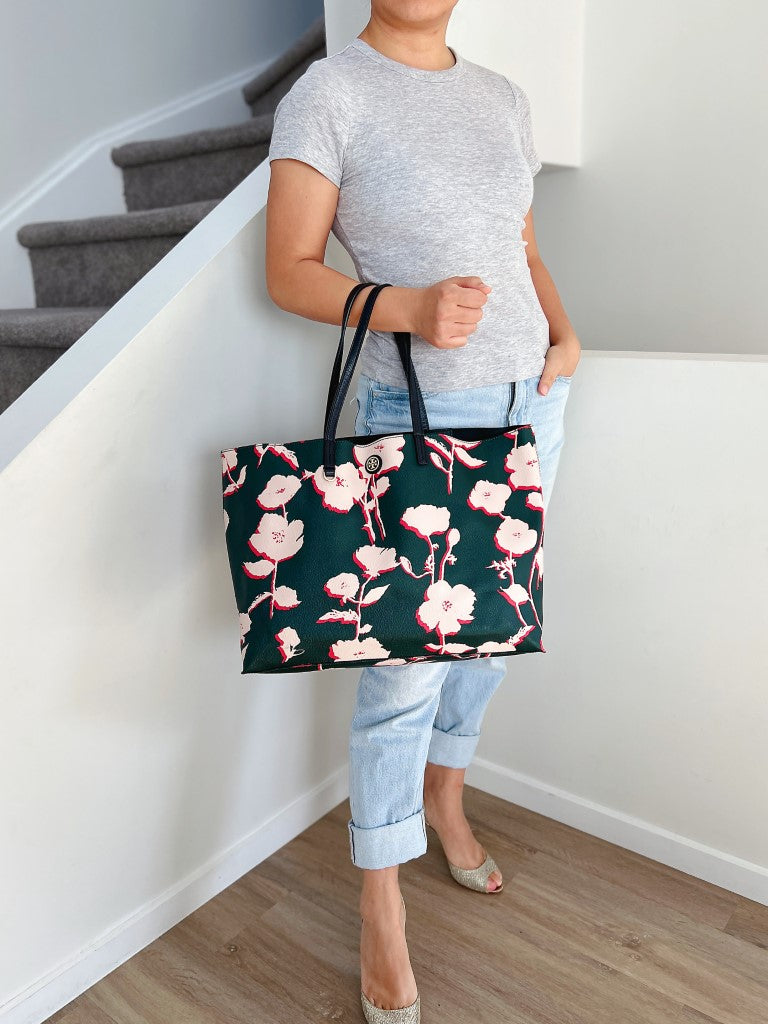 Tory Burch Floral Print Leather Large Carryall Shoulder Bag Excellent