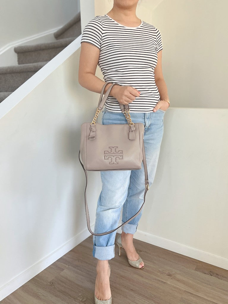 Tory Burch Taupe Leather Triple Compartment 2 Way Shoulder Bag Like New