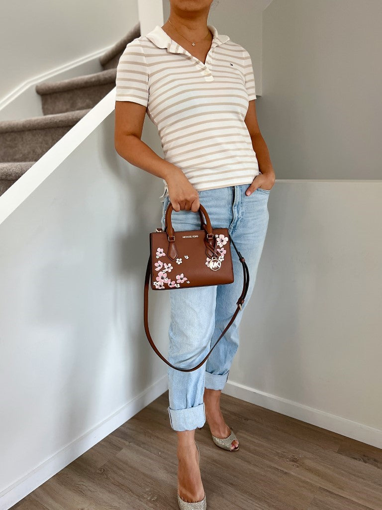 Michael Kors Caramel Leather Floral Detail 2 Way Shoulder Bag Like New