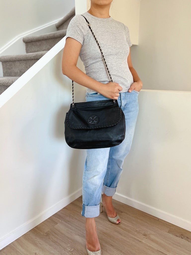 Tory Burch Black Leather Chain Detail 2 Way Shoulder Bag Like New