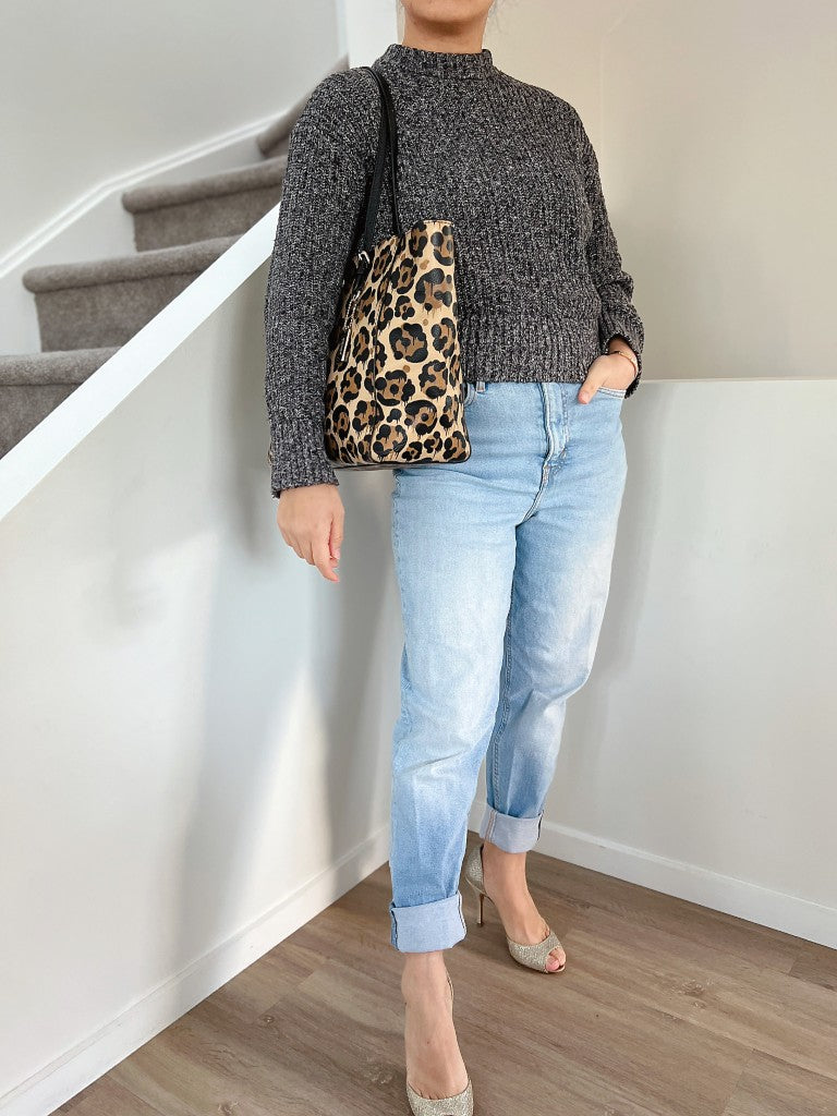 Coach Black Leather Leopard Pattern Double Compartment Shoulder Bag Excellent