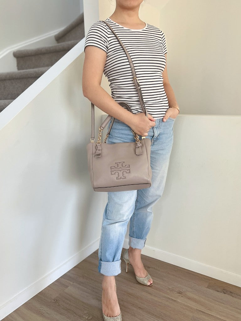 Tory Burch Taupe Leather Triple Compartment 2 Way Shoulder Bag Like New