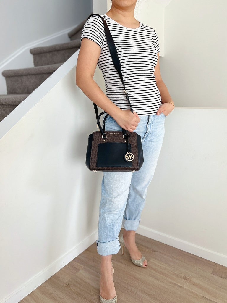 Michael Kors Black Leather Monogram Triple Compartment 2 Way Shoulder Bag Excellent