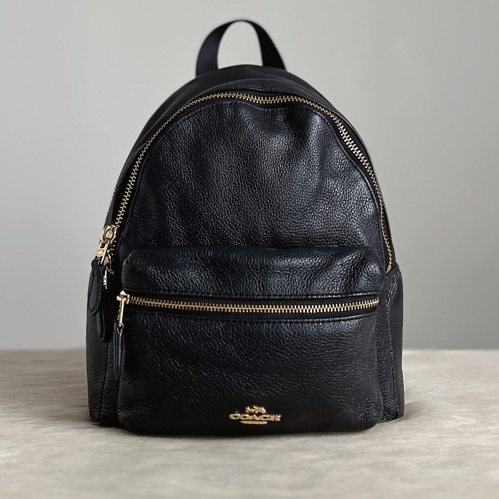 Coach Black Pebbled Leather Double Compartment Small Backpack Excellent