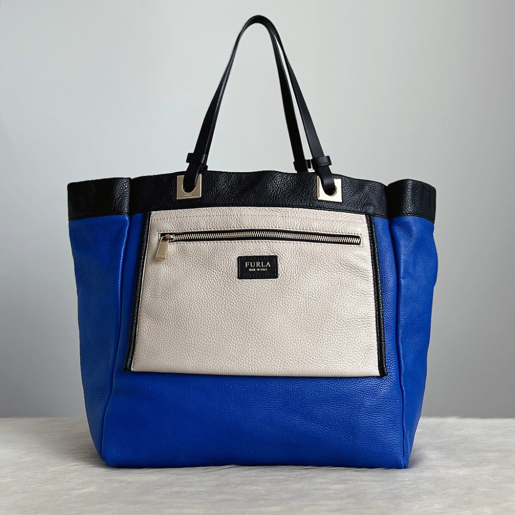 Furla Tri-Tone Leather Front Detail Large Carryall Shoulder Bag Excellent