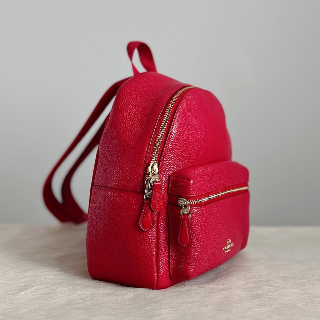 Coach Red Leather Front Zip Compartment Pocket Small Backpack Excellent