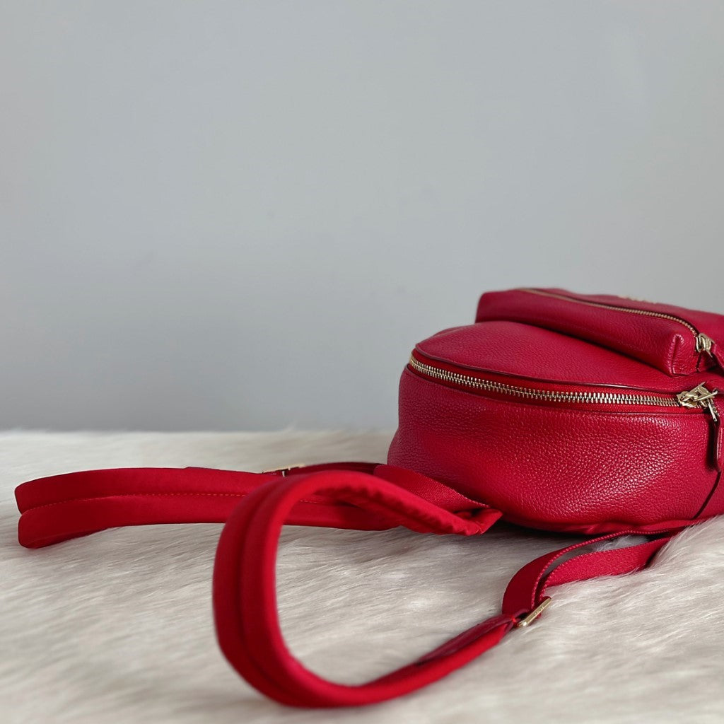 Coach Red Leather Front Zip Compartment Pocket Small Backpack Excellent