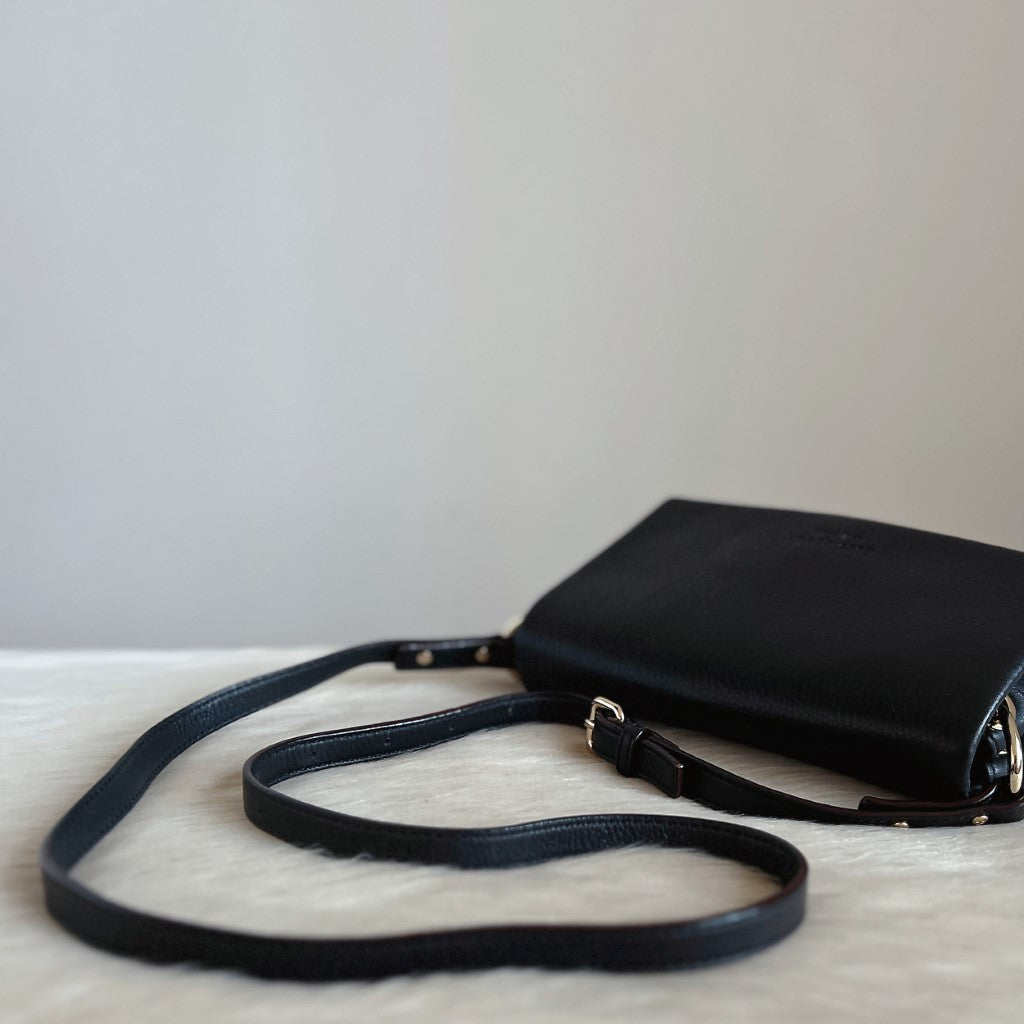 Kate Spade Black Leather Flap Front Logo Crossbody Shoulder Bag Like New