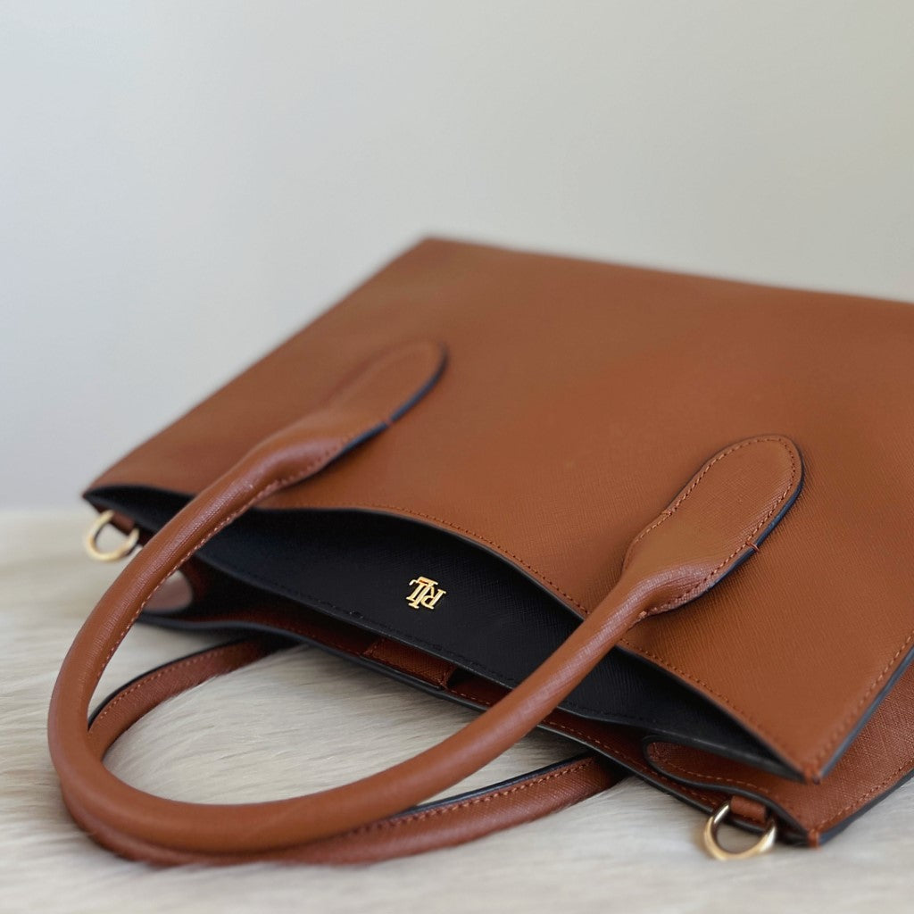 Ralph Lauren Caramel Leather Triple Compartment 2 Way Shoulder Bag Excellent