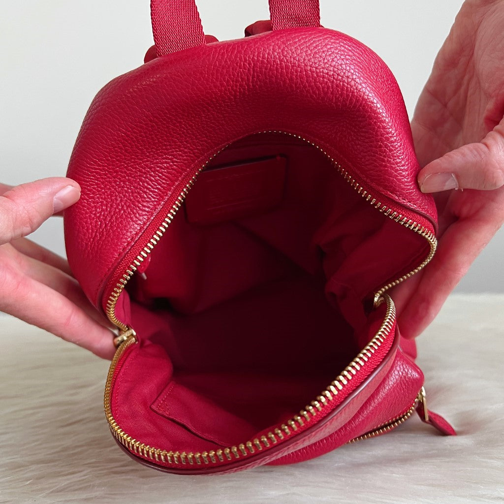 Coach Red Leather Front Zip Compartment Pocket Small Backpack Excellent