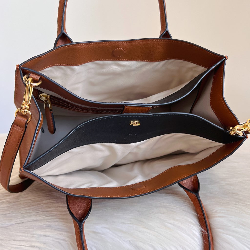 Ralph Lauren Caramel Leather Triple Compartment 2 Way Shoulder Bag Excellent