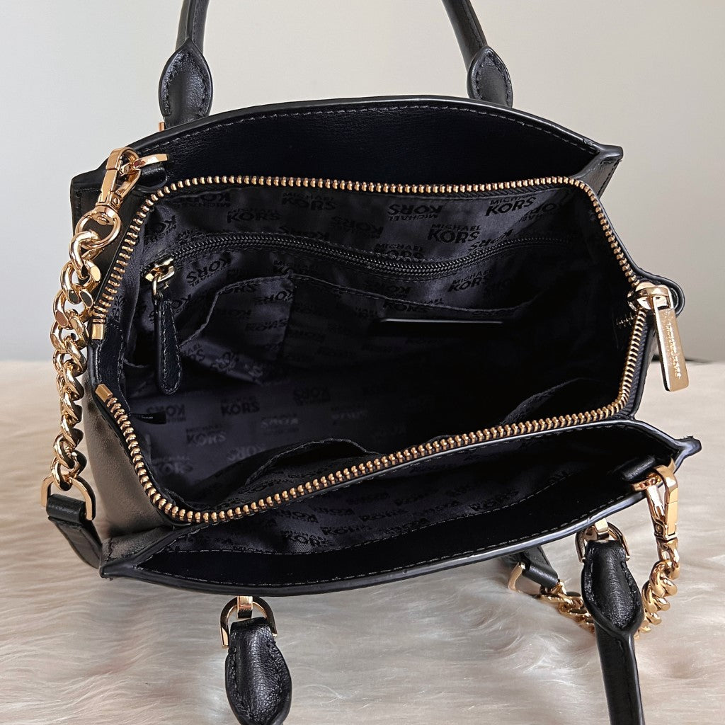 Michael Kors Black Leather Front Logo Triple Compartment 2 Way Shoulder Bag Like New