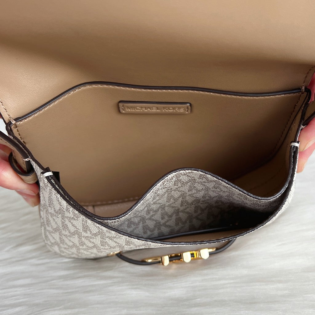 Michael Kors Mocha Leather Monogram Front Logo Crossbody Shoulder Bag Like New