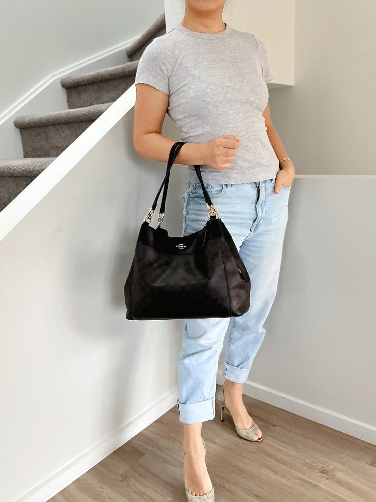 Coach Black Leather Monogram Triple Compartment Shoulder Bag Like New