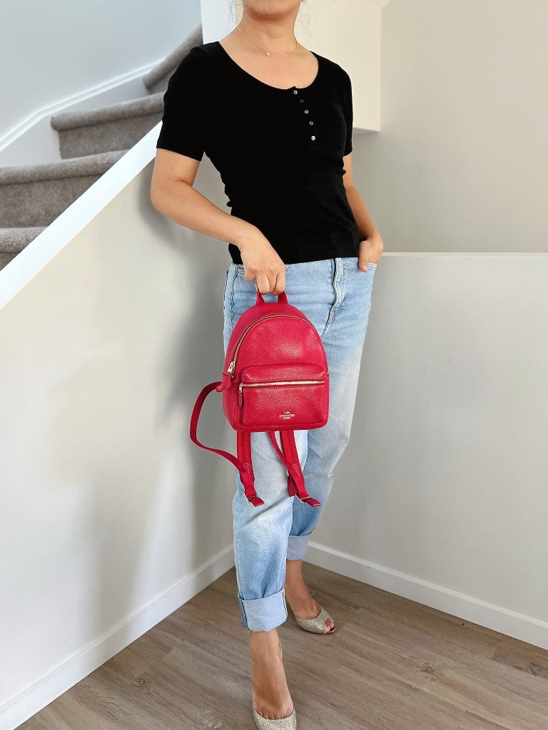 Coach Red Leather Front Zip Compartment Pocket Small Backpack Excellent