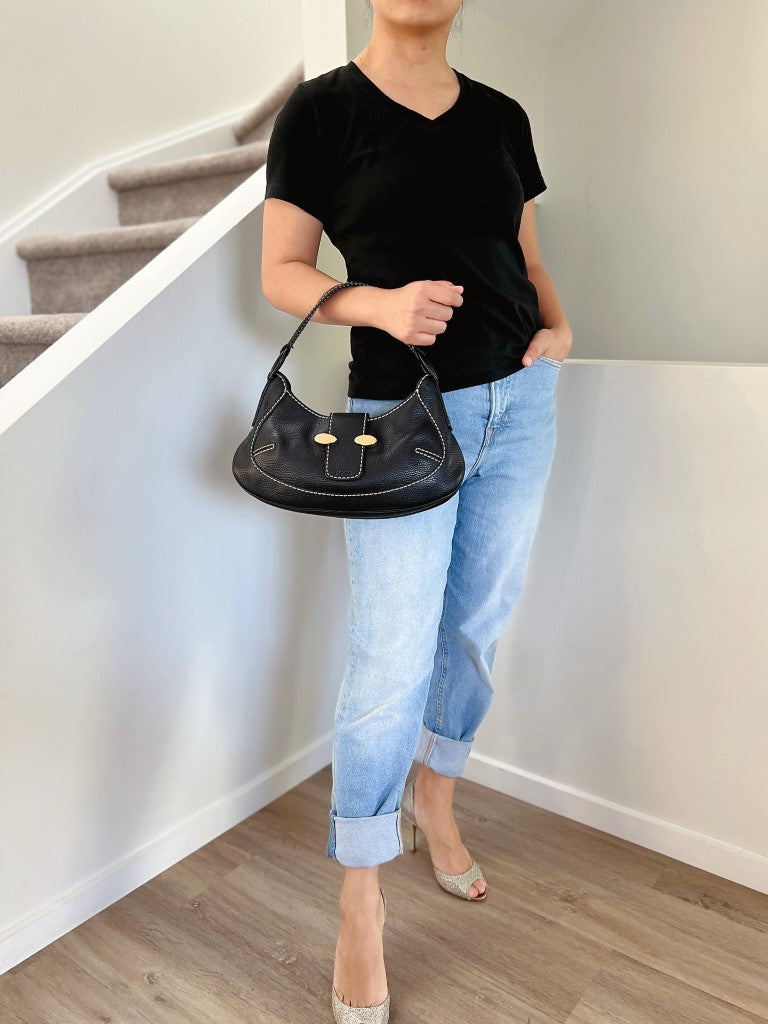 Tod's Black Leather Front Detail Half Moon Shoulder Bag Excellent