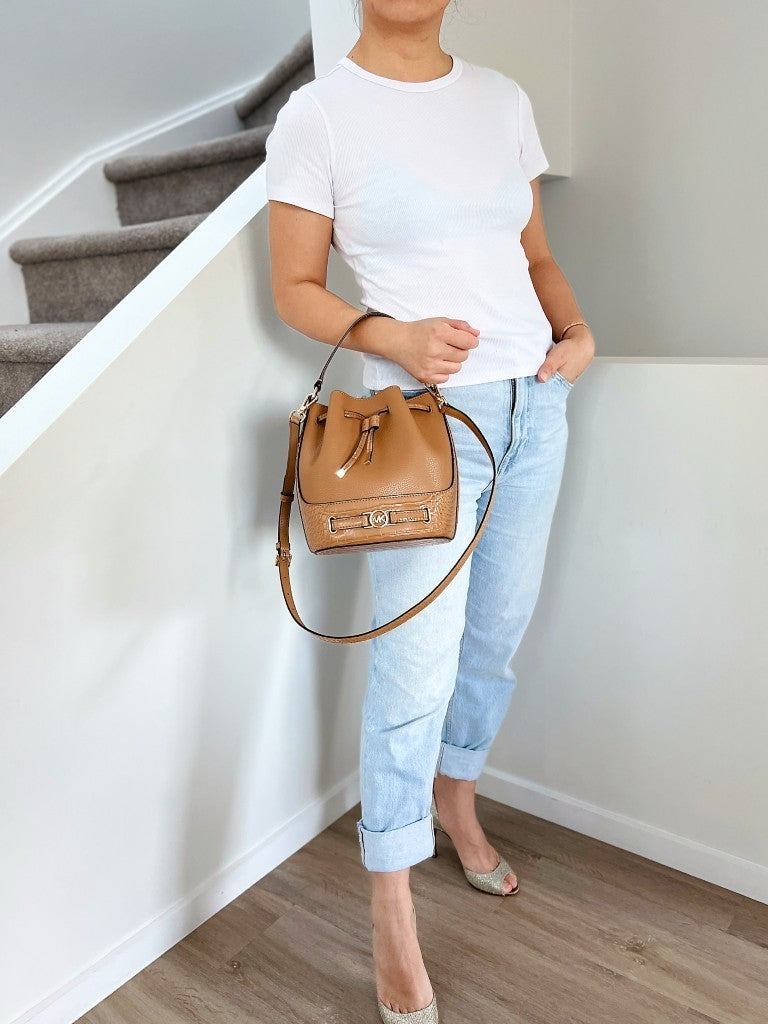 Michael Kors Caramel Leather Drawstring Bucket 2 Way Shoulder Bag Like New