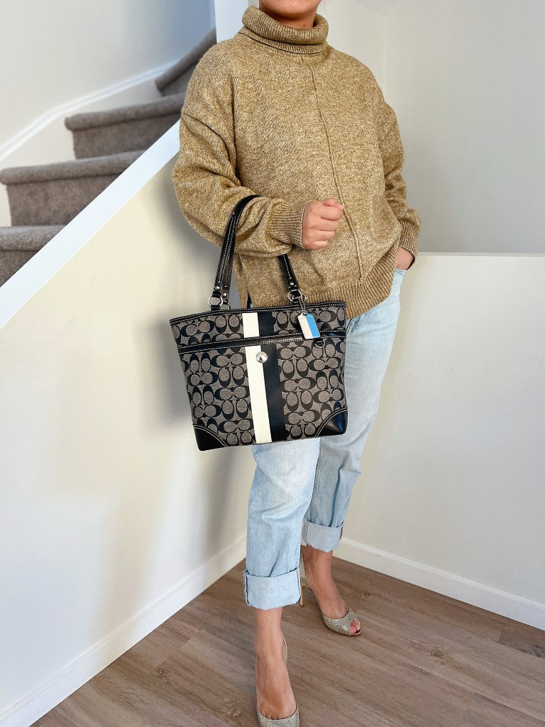 Coach Black Leather Monogram Colour Block Detail Shoulder Bag Excellent