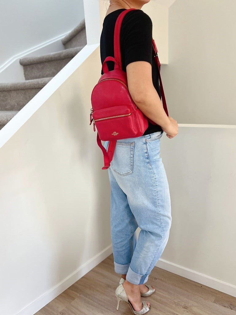 Coach Red Leather Front Zip Compartment Pocket Small Backpack Excellent