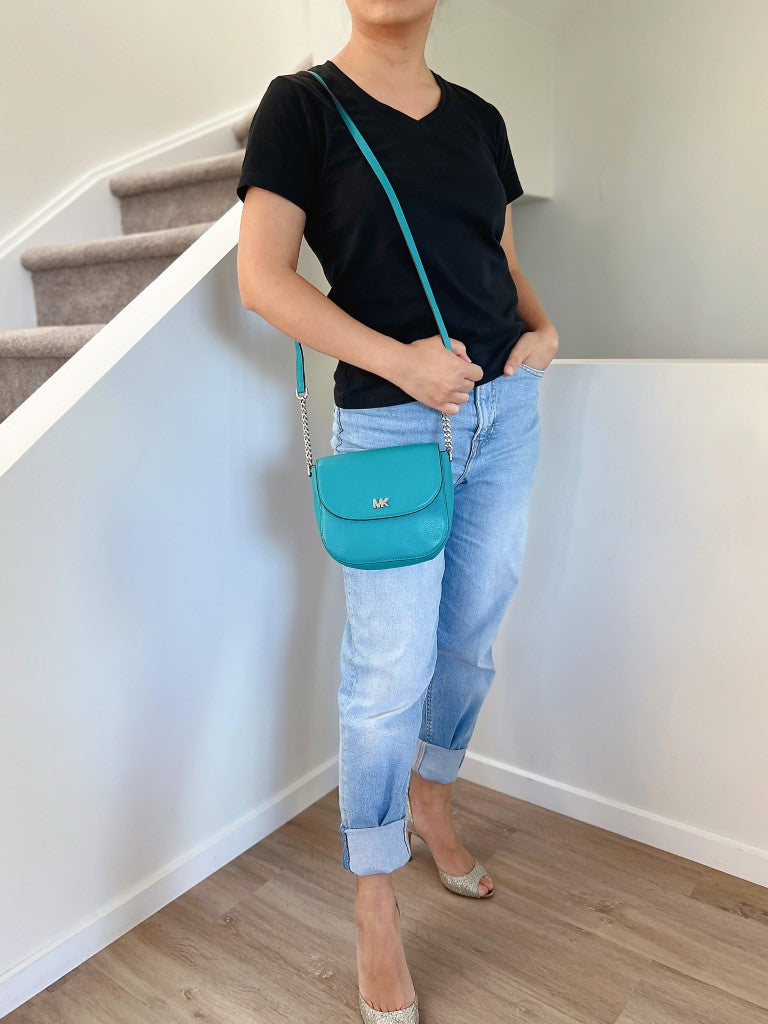 Michael Kors Teal Leather Chain Detail Crossbody Shoulder Bag