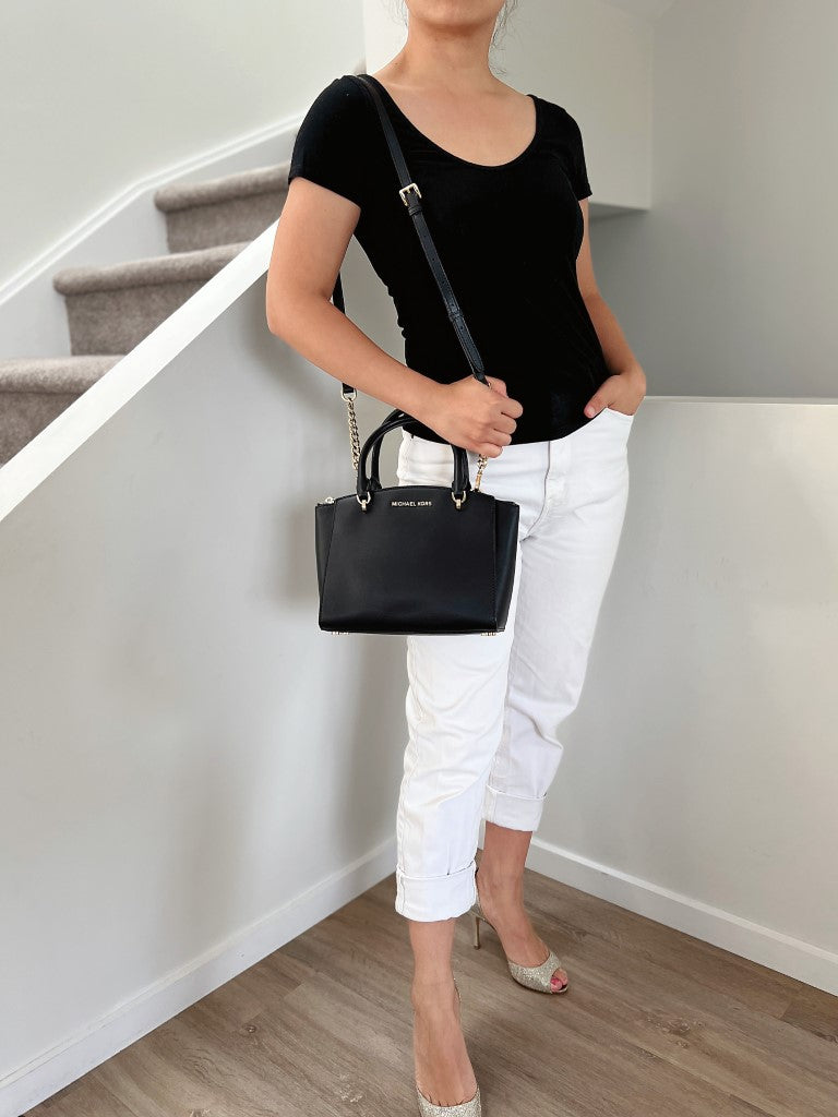 Michael Kors Black Leather Front Logo Triple Compartment 2 Way Shoulder Bag Like New
