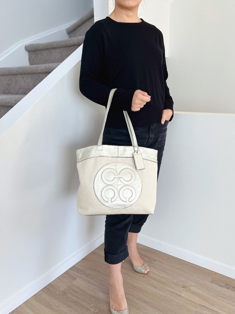 Coach Light Gold Leather Front Patch Carryall Shoulder Bag