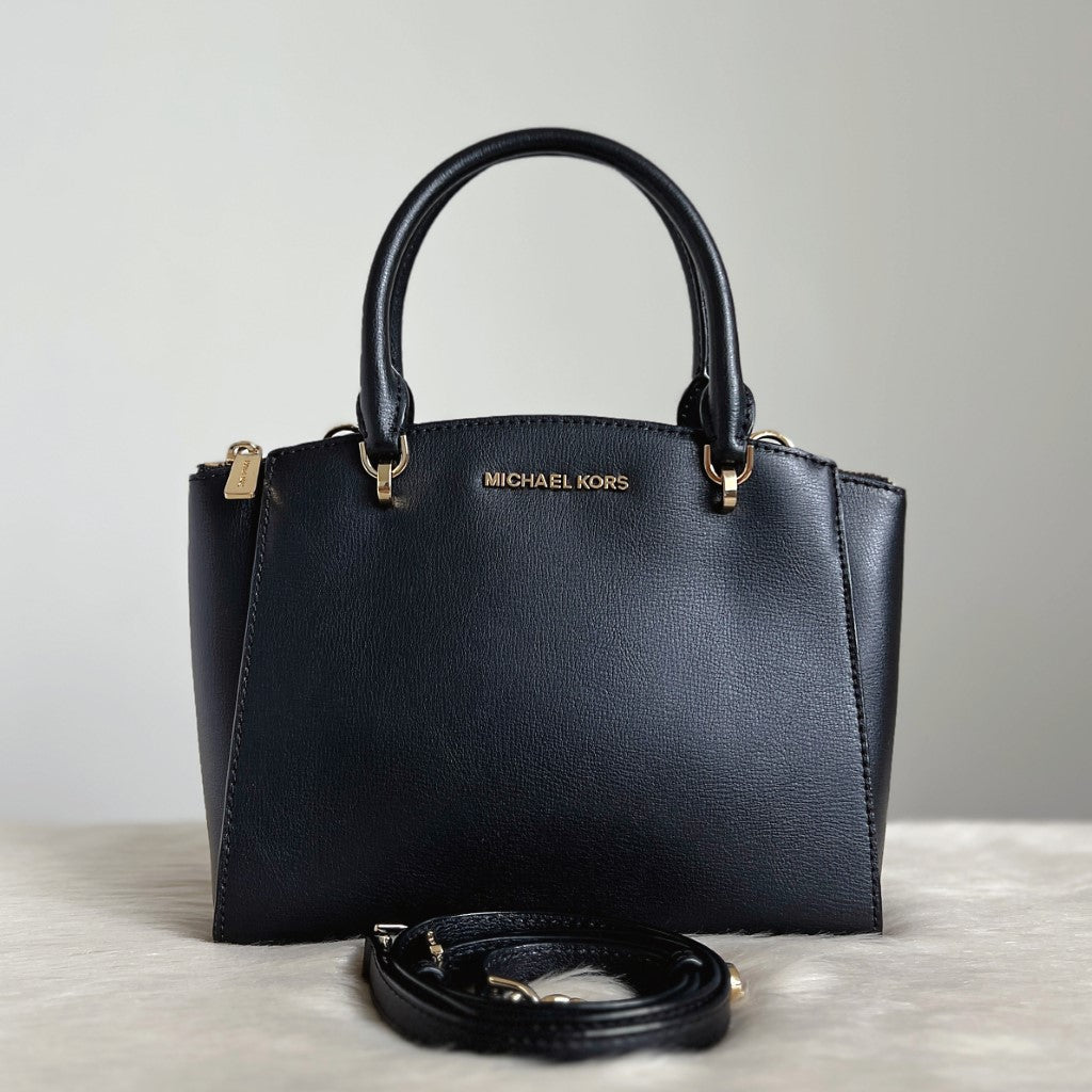 Michael Kors Black Leather Front Logo Triple Compartment 2 Way Shoulder Bag Like New
