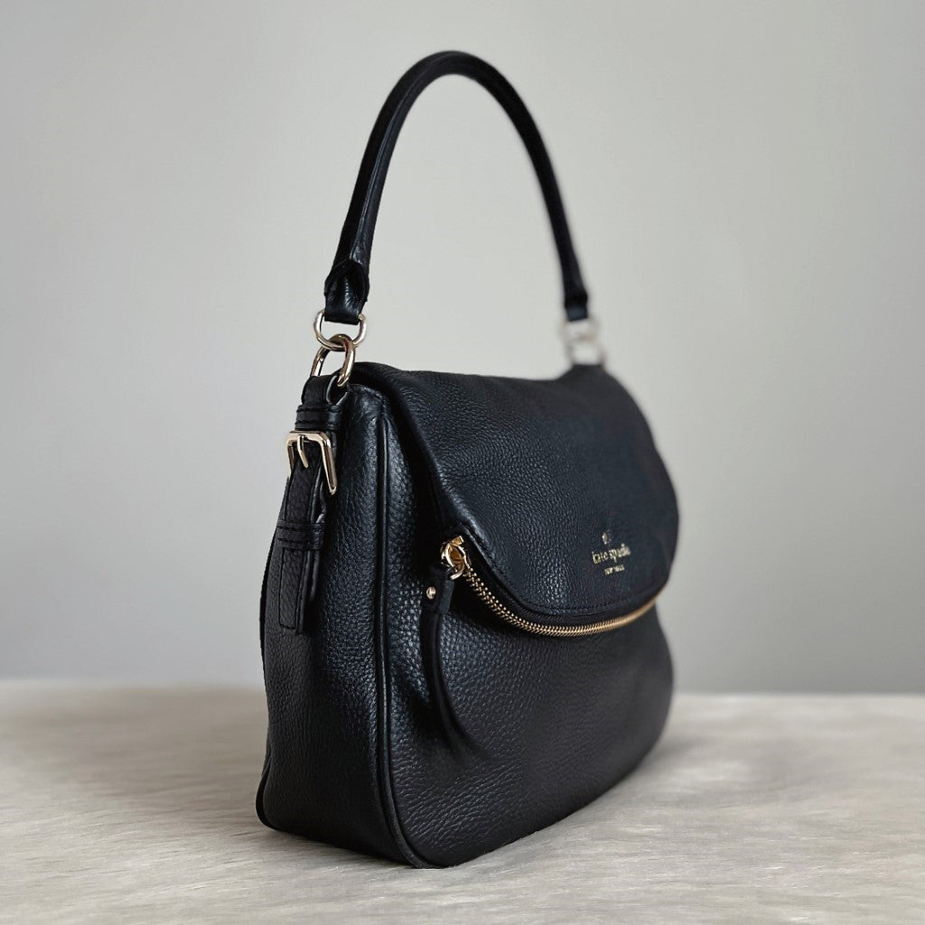 Kate Spade Black Leather Front Logo Zip Detail Shoulder Bag Like New